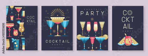 Set of holiday cocktail party posters with cocktail and champagne glasses. Restaurant menu design. Vector illustration