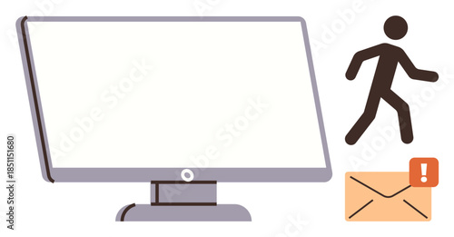 Desktop monitor, walking figure, mail icon with alert. Ideal for communication, notifications, email reminder, alert system, productivity multitasking workflow. Simple flat metaphor