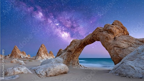 astrophotography of the Milky Way arching perfectly over unique sandstone rock formations in a desert, clear night sky with billions of stars, long exposure