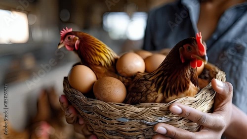Woman holding basket of eggs and chickens