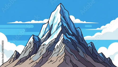 Snowy Mountain Peak Illustration with Blue Sky and Clouds