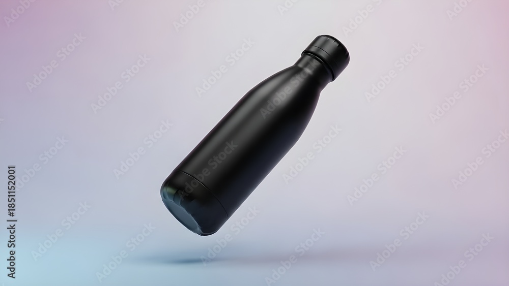 Fototapeta premium Dynamic representation of a black reusable insulated bottle, gracefully suspended against a colorful gradient backdrop, promoting active hydration and conscious living