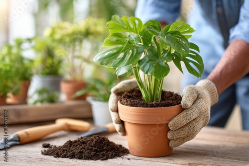 close up of hands potting a monstera plant into a terracotta pot, potting soil texture, gardening tools on wooden table, bright natural light