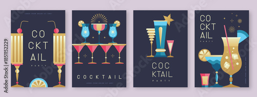 Set of holiday cocktail party posters with cocktail and champagne glasses. Restaurant menu design. Vector illustration