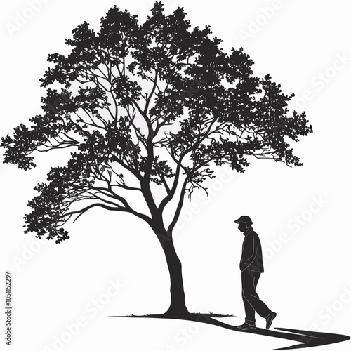 Silhouette of a man walking under a large tree