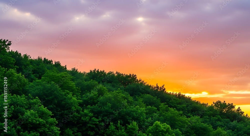 Obraz premium A vibrant sunset casts light over a lush, green hillside. The sky is a mix of orange, pink and purple hues