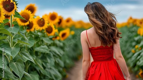 Woman in red dress walking through sunflower field