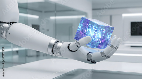 Cybernetic Marvel: A pristine white robotic hand delicately cradles a luminous, energy-filled cube, symbolizing technological advancement.