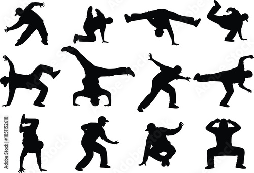 Breakdancing silhouette icons, hip hop dance and acrobatic moves, street performance motion set, black vector, cad drawing flat vector illustration