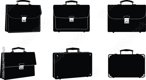Briefcase silhouettes in different styles, black business bag illustration, office accessory design, corporate concept, luggage art, fashion study, travel icon