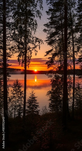 A vibrant sunset over a calm lake framed by silhouetted trees. Orange, yellow, and red hues dominate the sky reflected