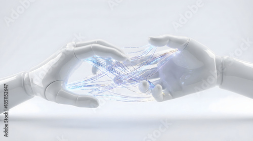 Human and Robot Connection: Two robotic hands delicately interact with each other, showcasing a blend of technology and human-like design. The blue energy trails symbolize the connection.