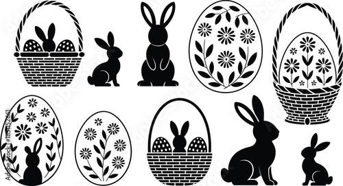 Charming Easter Silhouette Illustrations Featuring Eggs, Baskets, and Bunnies, Perfect for Holiday Design Projects flat vector illustration