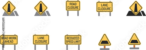 "Set of yellow road work and lane closure warning signs icons isolated on white background for traffic safety alerts"

flat vector illustration