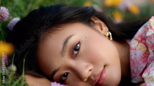 Woman lying in field of flowers with soft lighting and nature