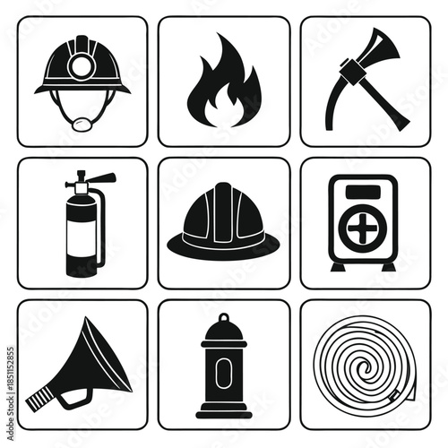 Firefighting and emergency service icons in a grid