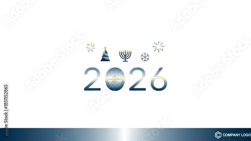 Happy New Year 2026 greeting card with Hanukkah menorah and Christmas tree icons festive winter holiday design for celebration