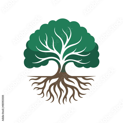 Stylized Green Tree of Life Logo with Symmetrical Roots and White Branches on White Background