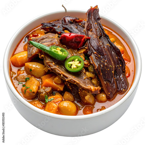 Appetizing olluquito con charqui showcasing the vibrant yellow color and texture of the olluco tuber stew isolated on white background