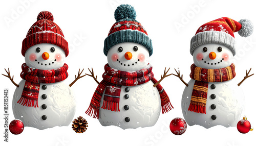 Cute snowman isolated on transparent background, high-quality PNG with carrot nose, scarf, and hat, perfect for winter, Christmas designs, holiday cards, and decorations