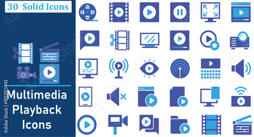 Video Production and Multimedia Playback Solid Icons Vector Set Bundle. fully editable eps 10 format