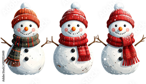 Cute snowman isolated on transparent background, high-quality PNG with carrot nose, scarf, and hat, perfect for winter, Christmas designs, holiday cards, and decorations