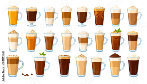 Set of coffee items isolated on transparent background, high-quality PNG showing coffee cups, beans, and accessories, perfect for cafe designs, menus, and beverage visuals.