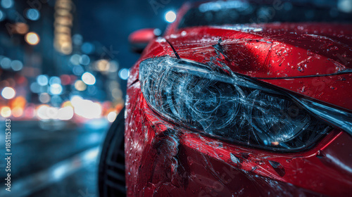 Damaged red car headlight with visible scratches and dents parked on a rainy city street during nighttime with blurred lights in background