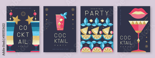 Set of holiday cocktail party posters with cocktail and champagne glasses. Restaurant menu design. Vector illustration