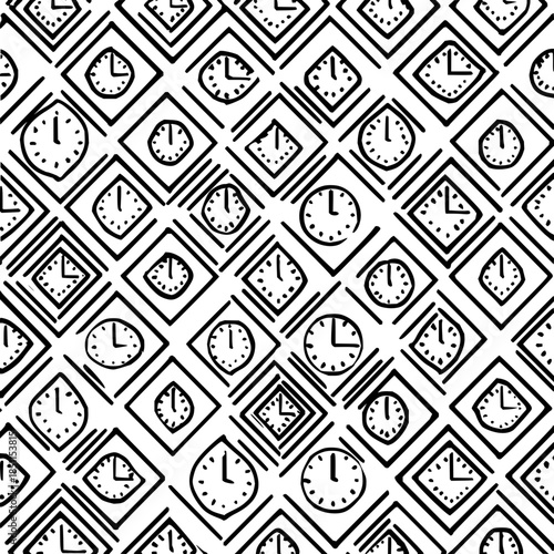 Seamless pattern of hand drawn clocks inside of diamond shapes on a white background in black and white