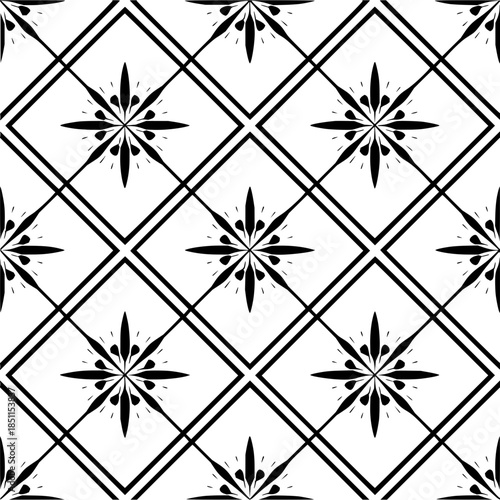 Black and white seamless pattern with diamond shapes and floral starbursts in a repeating symmetrical design