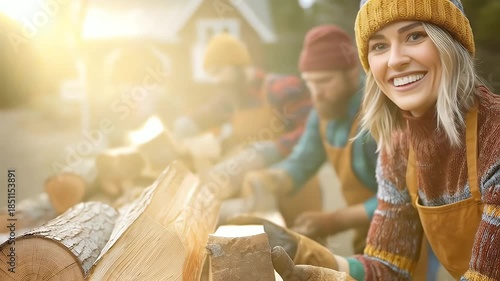 Woman smiling outdoors near firewood with friends warm light
