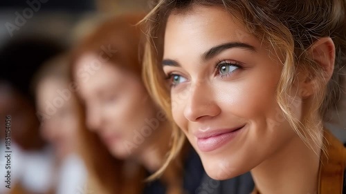 Woman smiling with blurred diverse group