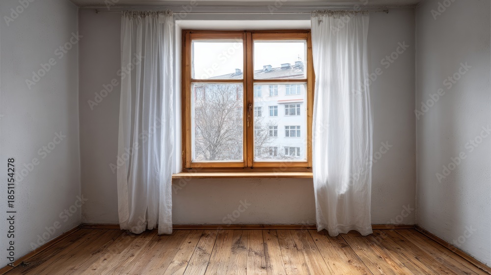 Fototapeta premium Empty room interior featuring a central wooden framed window with sheer white curtains