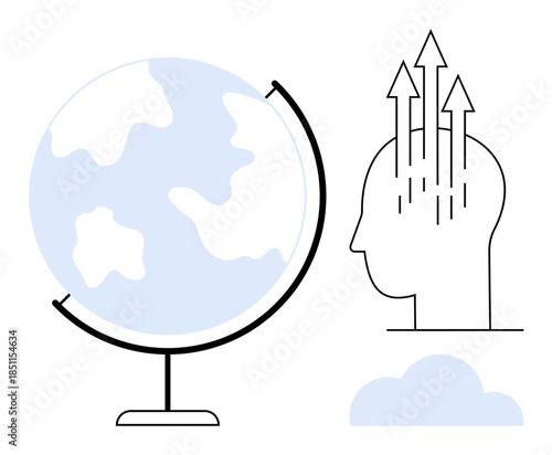 Global knowledge concept. A globe, rising arrows from a human head, and a cloud global learning, growth, and innovation. Perfect for education, business strategy, leadership global trends