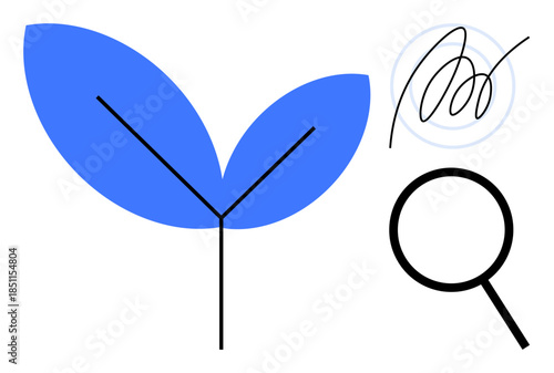 Two blue leaves connected to a stem, magnifying glass, abstract squiggle suggest growth, exploration, creativity. Ideal for nature, research, discovery, innovation creativity analysis