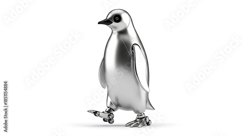 3D Render of a Chrome or Metallic Penguin Robot Walking

