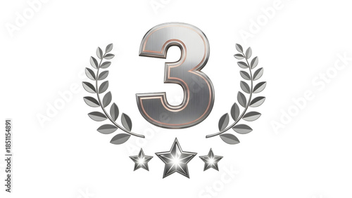 3rd Place Silver Award Icon: Metallic Number Three with Laurel Wreath and Stars