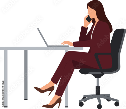 Businesswoman in maroon suit, working at desk, talking on phone, using laptop, office chair, professional setting, multitasking, vector illustration, workplace