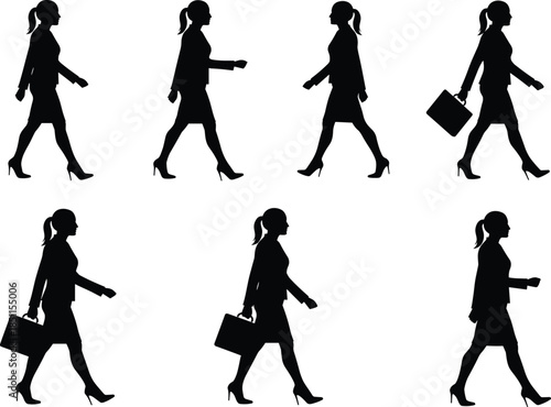 Businesswoman silhouette, walking poses, professional woman, office attire, career lifestyle, corporate figure, handbag, leadership concept, success symbol, business posture, executive style
