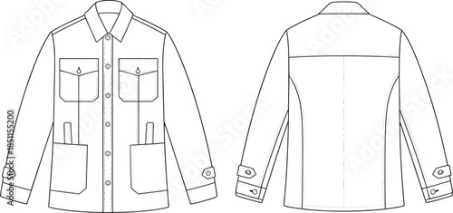 Button-up shirt sketch, women’s fashion illustration, long sleeve design, pointed collar, chest pockets, shoulder epaulets, tailored seams, garment cad drawing, vector style