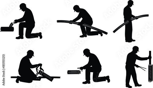 Cable worker silhouette, electrician with tools, wire management, electrical repair, technician at work, construction labor, industrial job, maintenance task, power line, wiring