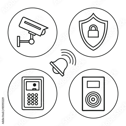 Security system icons in circles with camera lock keypad and bell