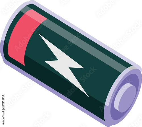 Isometric Low Charge AA Battery with Lightning Bolt Symbol Vector Illustration