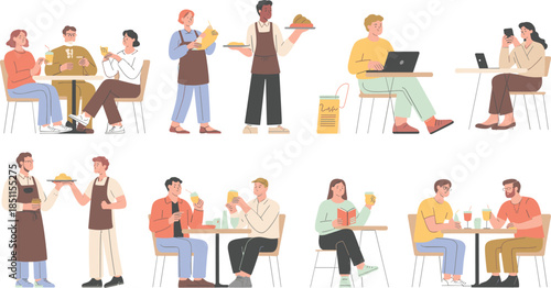 Café restaurant illustration, flat vector design, people dining, social interaction, waiter service, coffee shop scene, friends meeting, casual dining, lifestyle art