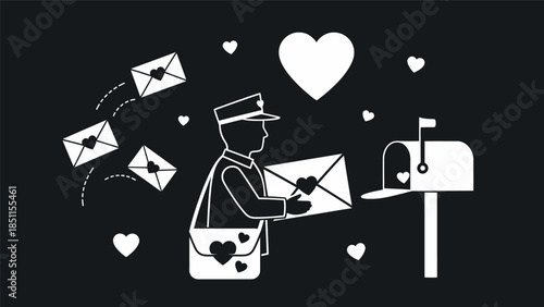 Mailman delivering love letters to a mailbox, surrounded by flying hearts and envelopes.
