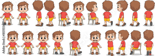 Cartoon boy character sheet, animation poses, facial expressions, front side back view, walking sitting actions, kids illustration, design reference, vector art