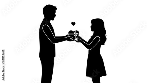 Silhouette of a man giving a gift to a woman, symbolizing love and appreciation on a special occasion.