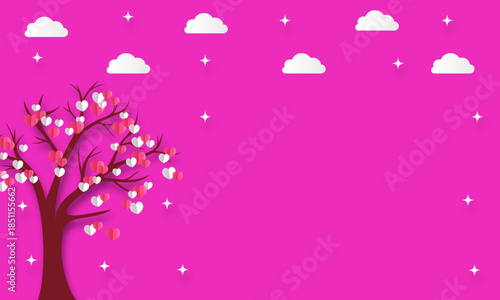 Whimsical paper-cut love tree with heart leaves, stars on a vibrant pink background, romantic digital illustration celebrating affection