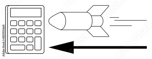 Calculation concept. Illustration of a calculator and a missile with an arrow calculation efficiencies and trajectory planning. Calculation for science, technology, education, defense, and innovation